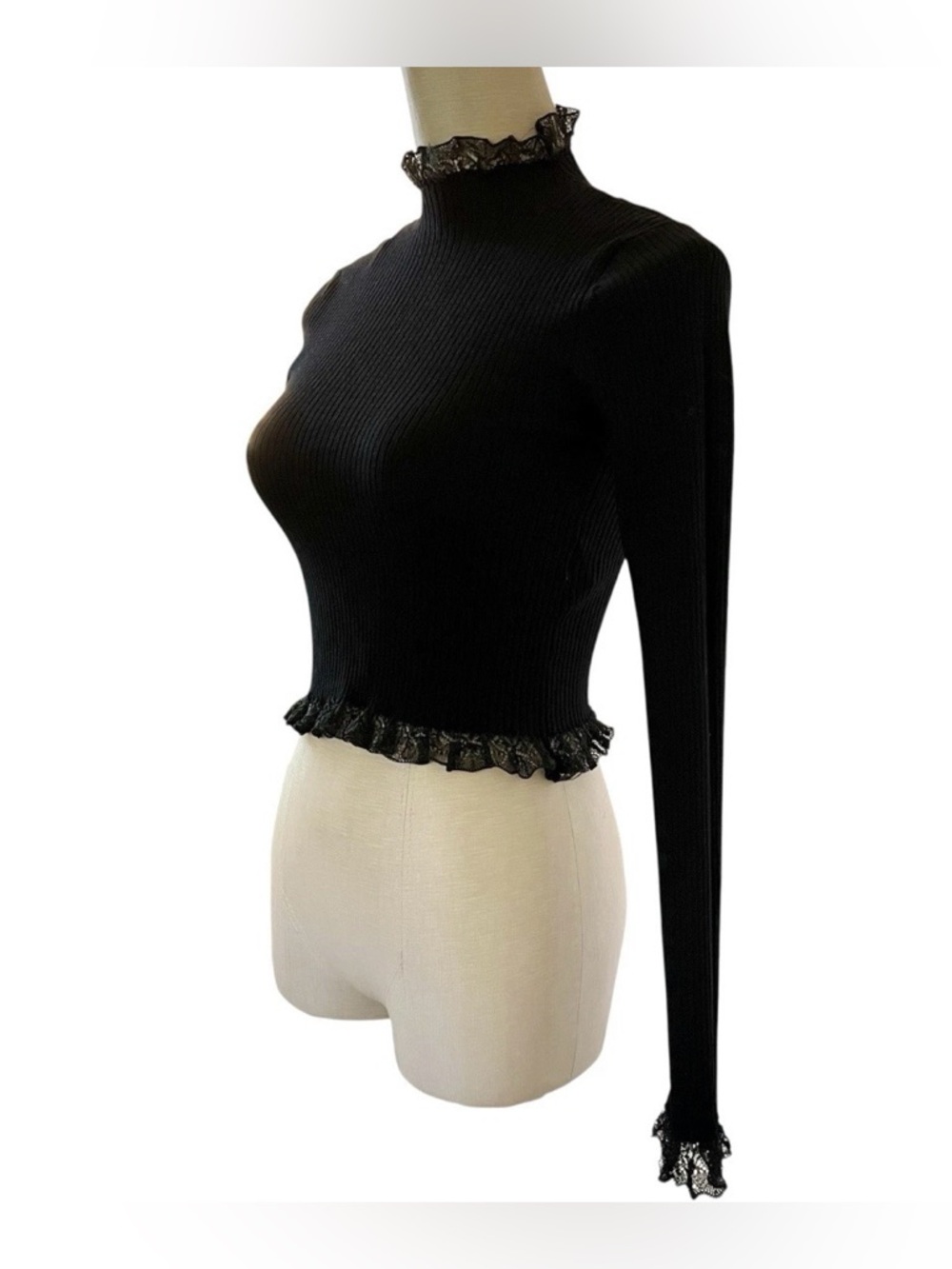 ZARA Lace Trim Fitted Ribbed Knit Semi-Crop Top Whimsigoth Romantic Victorian